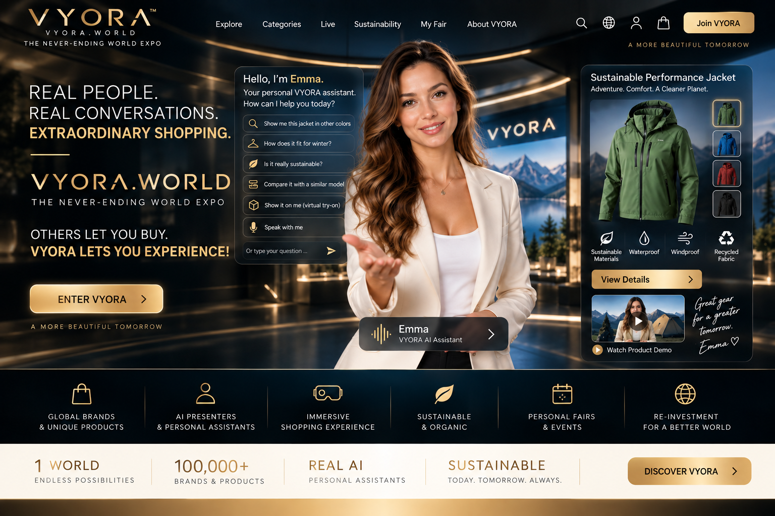 VYORA concept showing Emma, a human-looking AI shopping assistant, presenting an interactive sustainable product experience
